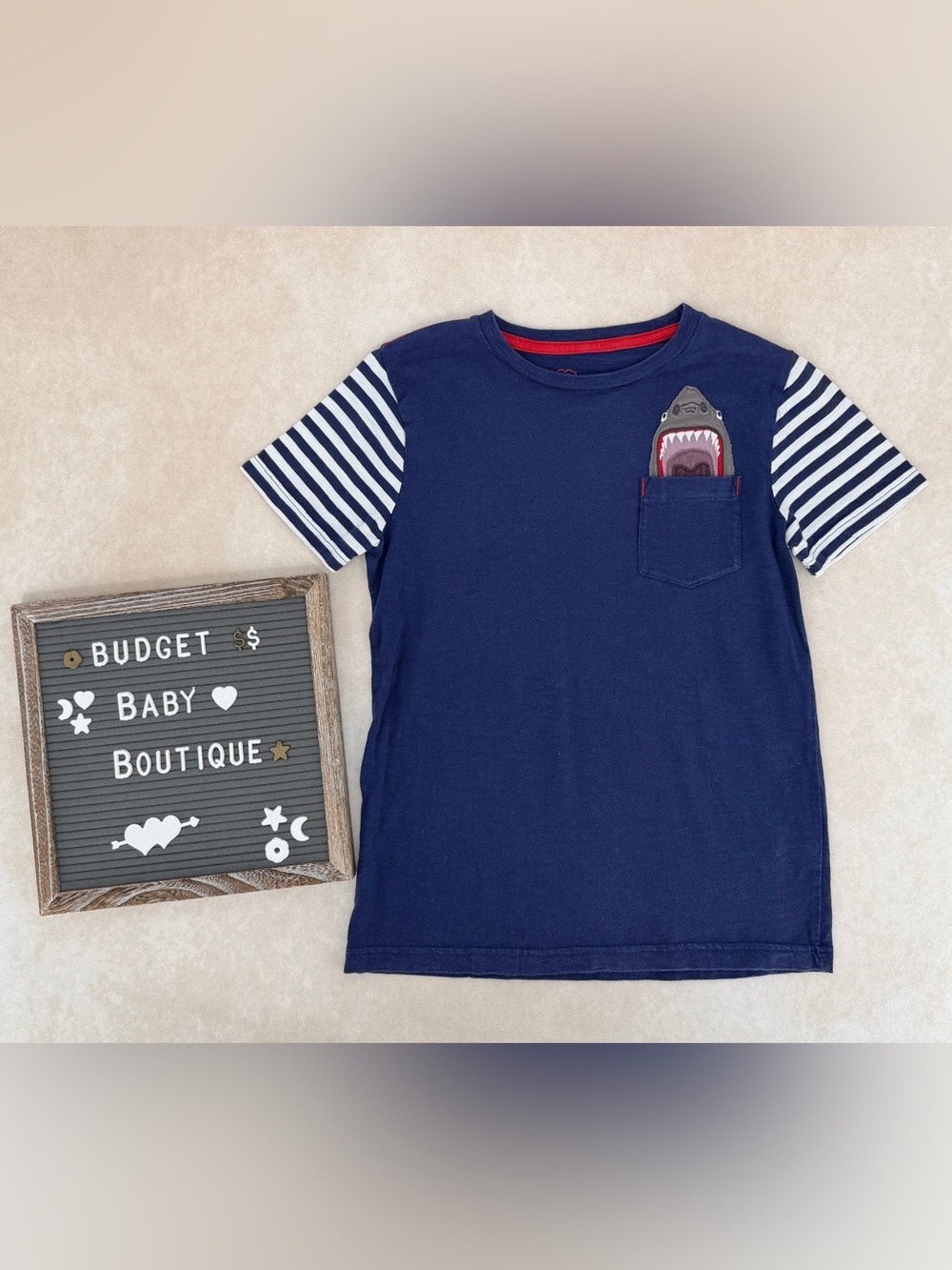 Boden Navy Tee with Striped Sleeves & Shark Pocket